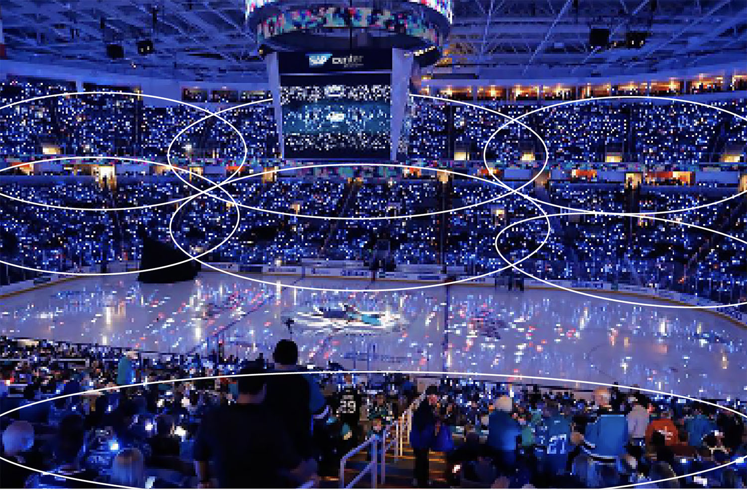 SAP Center during a hockey game showing outlines of cells