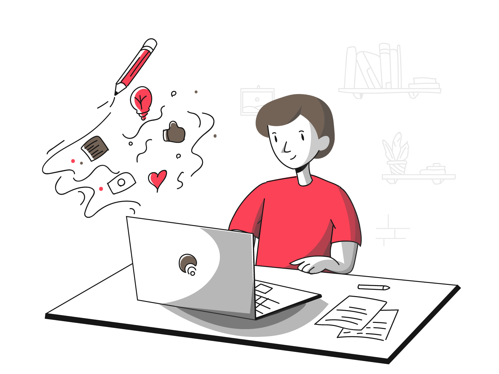 illustration of person in red top sitting at computer desk working