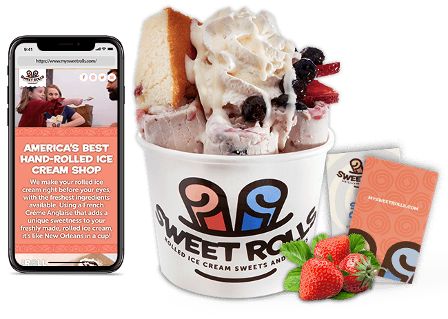 Sweet Rolls' rolled ice cream, website on an iPhone, and business cards