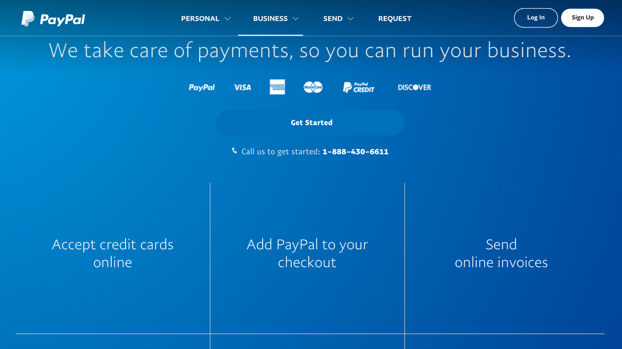 PayPal for business landing page