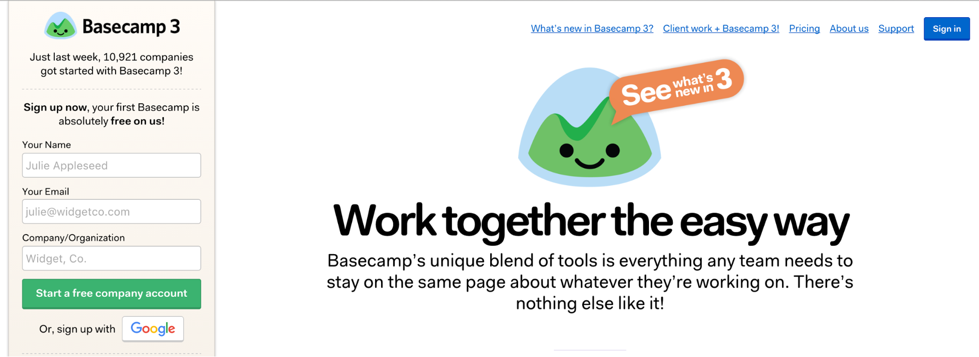 Basecamp homepage