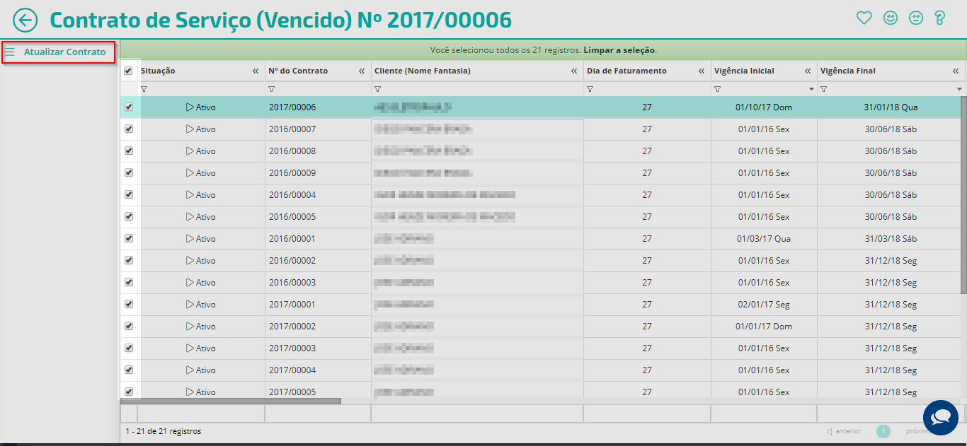 Marque os contratos que deseja atualizar e depois clique na opção “Atualizar Contrato”