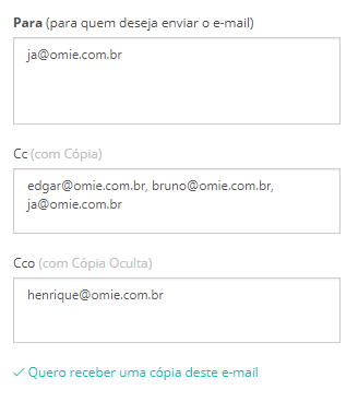 Clique no link “Exibir CC e CCO” para abrir os campos para informar os e-mails “com Cópia” e “com Cópia Oculta”.