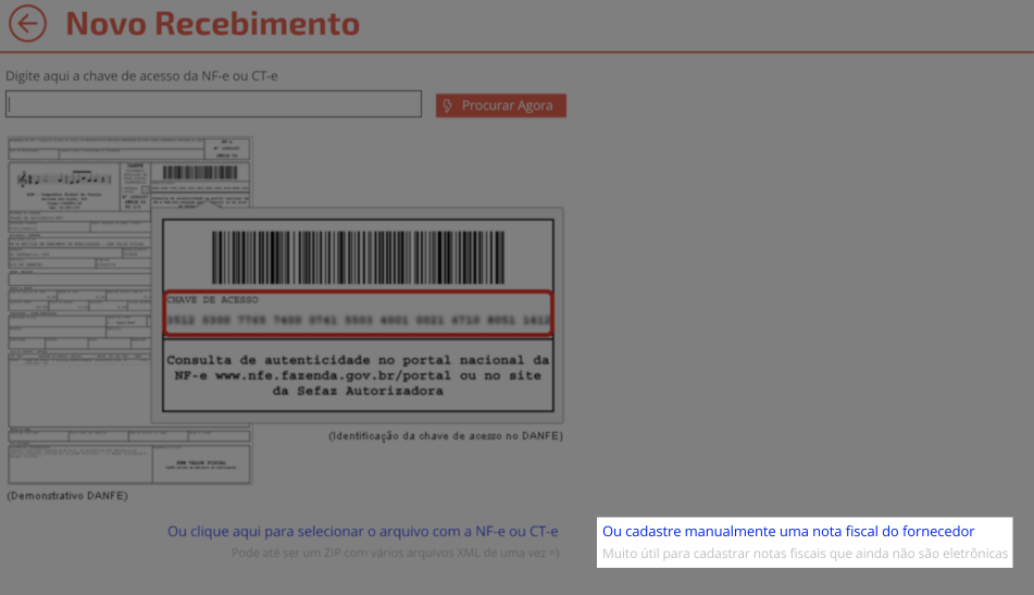 E em seguida optar por cadastrar manualmente uma nota fiscal do fornecedor