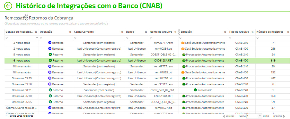 Histórico de Integrações com o Banco (CNAB)