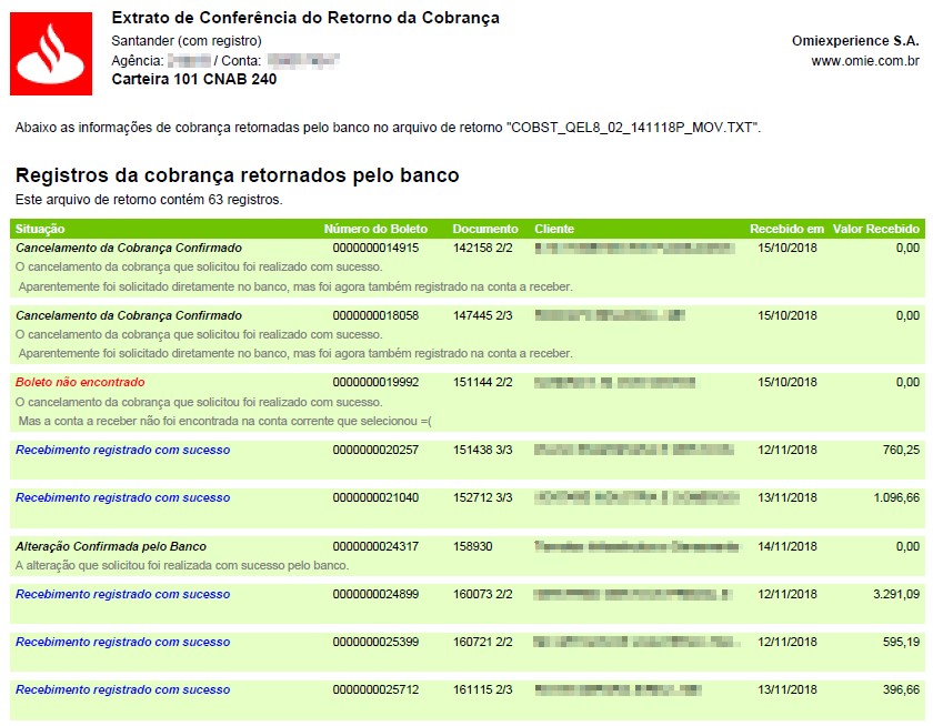 Registros da cobrança retornados pelo banco