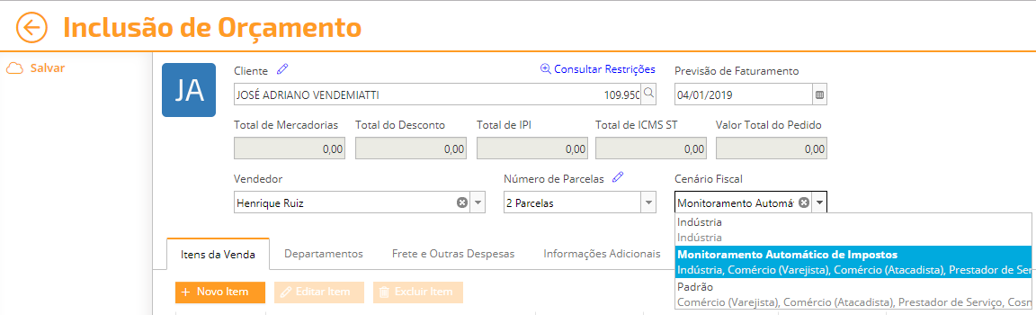 Quando um novo orçamento/pedido for preparado basta usar o cenário fiscal criado e mantido pelo Monitoramento Automático de Impostos que o sistema via utilizar as configurações de impostos e tributos contidas nele.