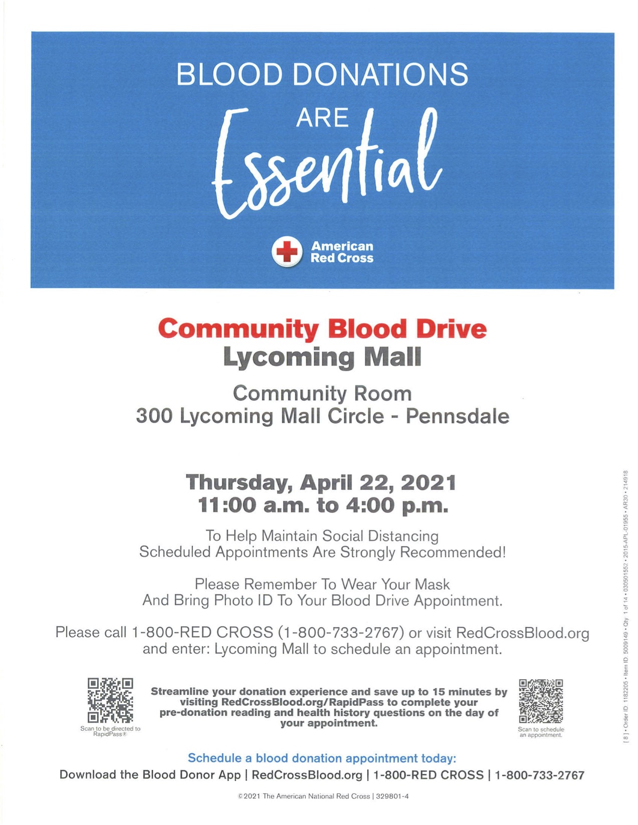 Red cross blood donation information at the the community room of Lycoming Mall. There is a QR code to scan at the bottom of the photo to make an appointment.