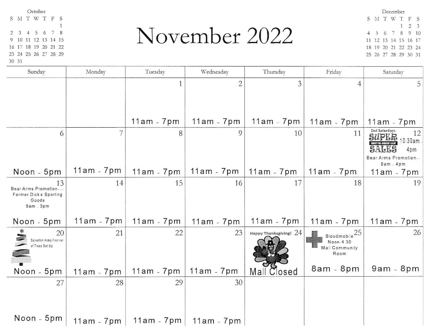 Lycoming Mall's November Holiday Hours Calendar