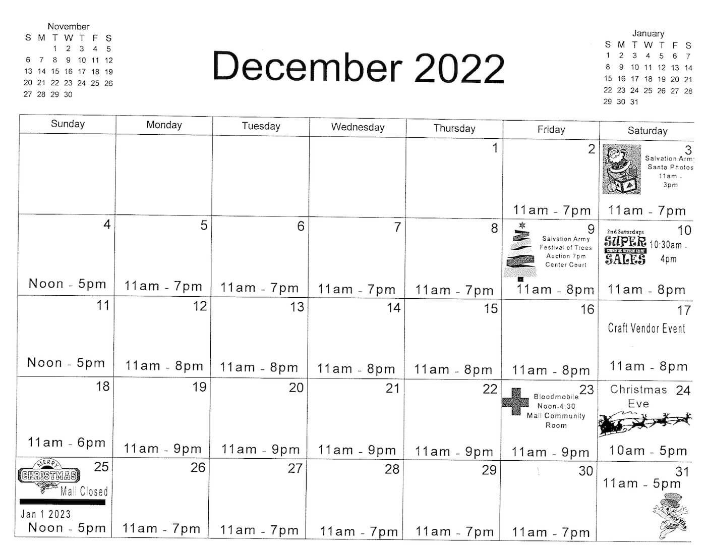 Lycoming Mall's December Holiday Hours Calendar