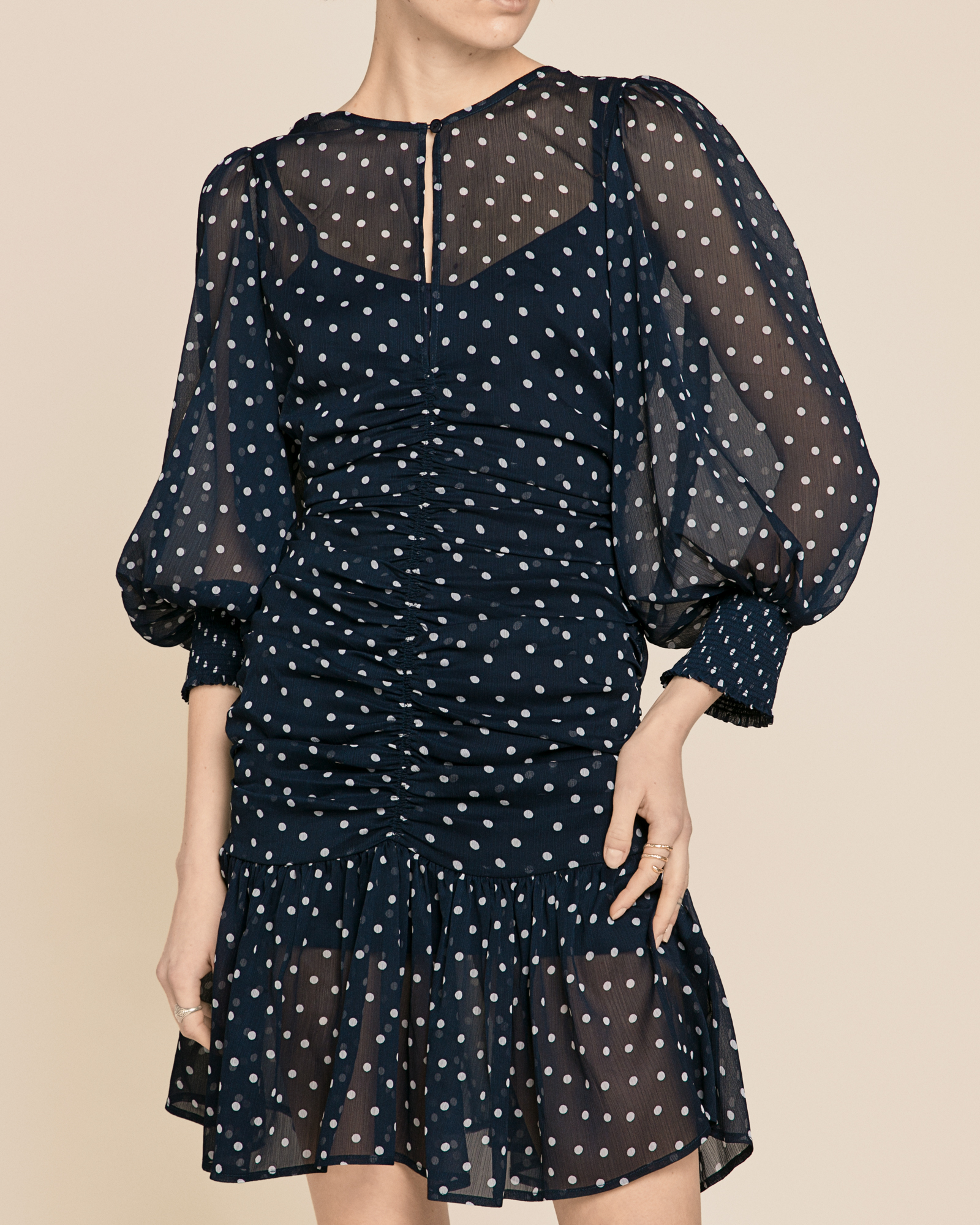 Chiffon Rouch Mini Dress Blue Dots