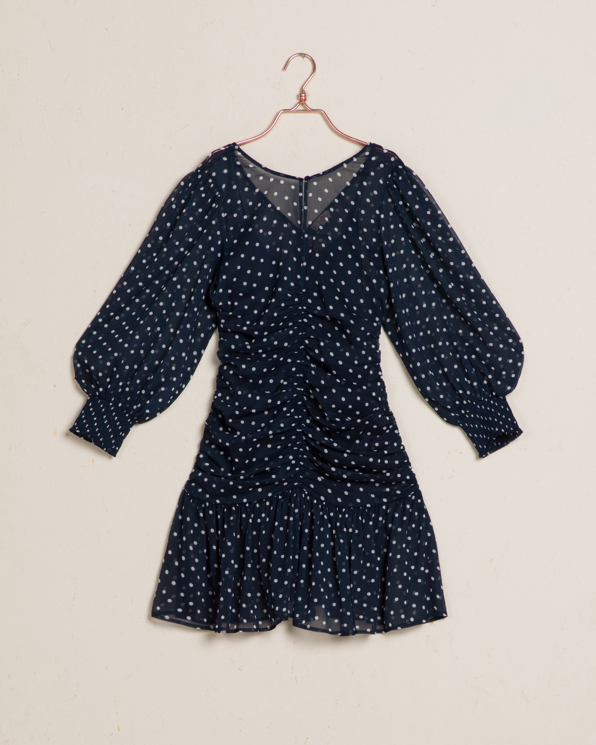 Chiffon Rouch Mini Dress Blue Dots