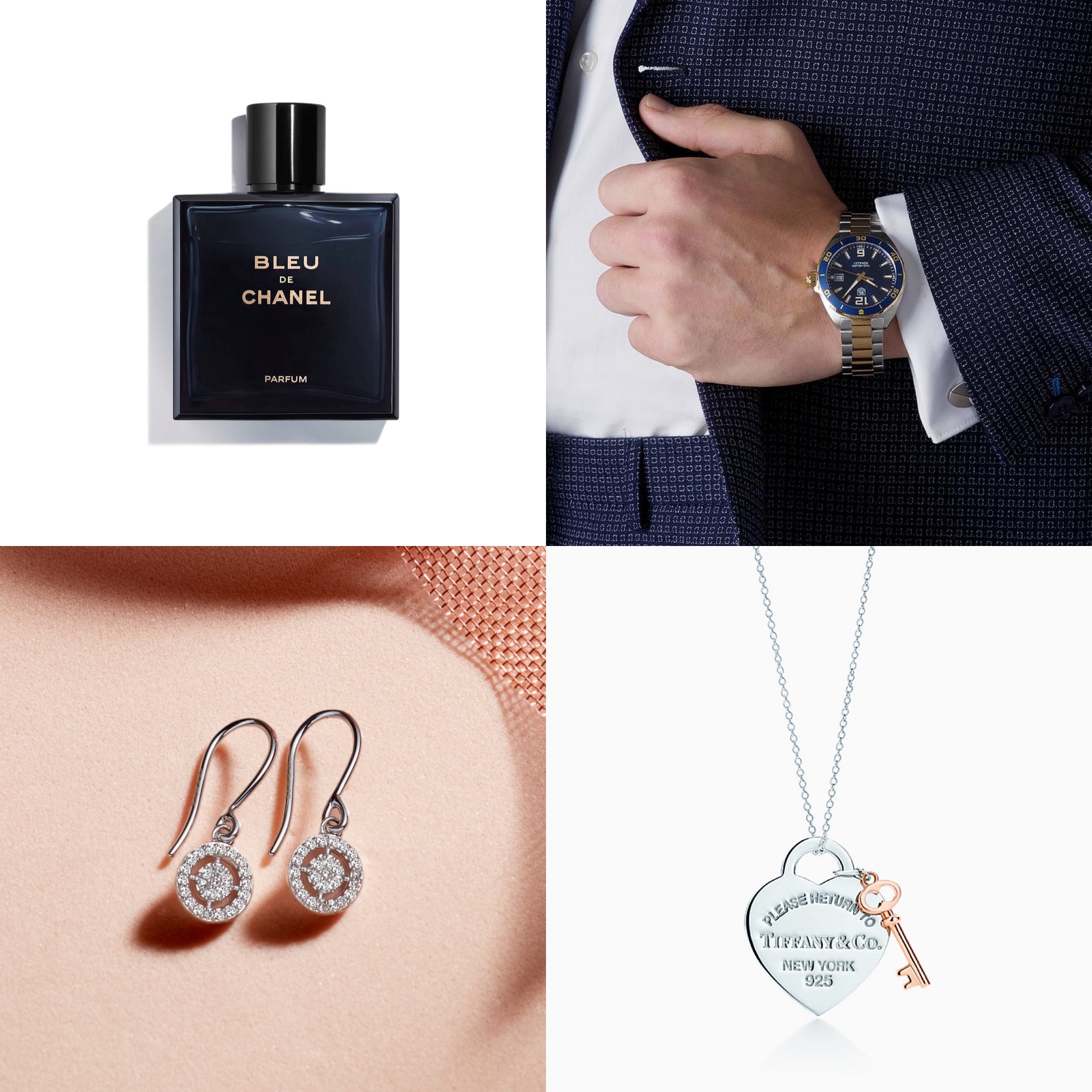 Aftershave, a mans watch, a pair of diamond earrings and a tiffany necklace.