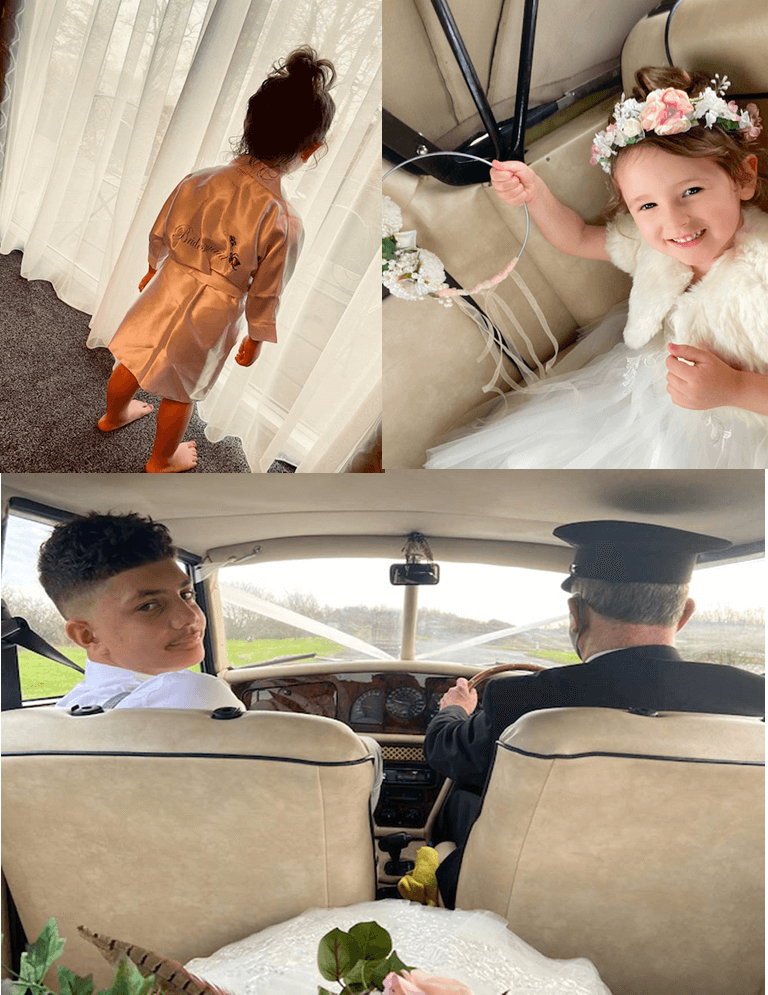 Little bridesmaid getting ready and on the way to the wedding venue.