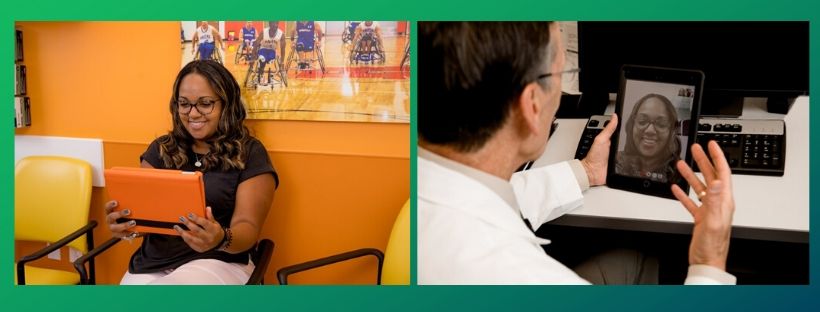 A patient and her doctor discuss care virtually via tablet.