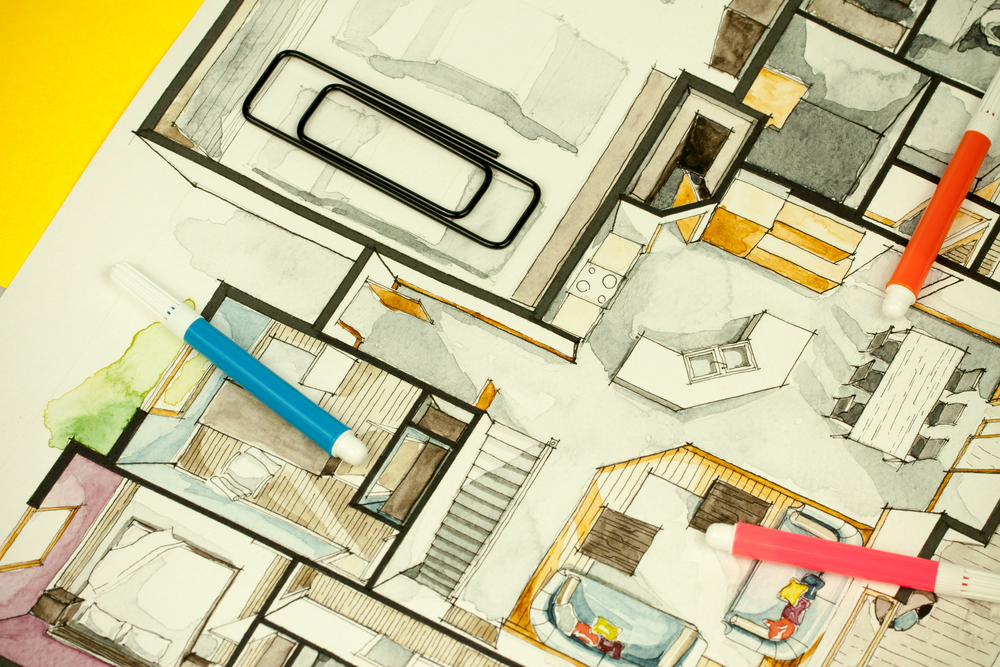 Image of architectural design floor plan sketch drawing illustration of interior decoration apartment part