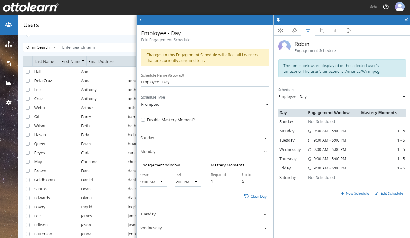 Screenshot of the Admin settings for creating an Engagement Schedule - OttoLearn Agile Microlearning