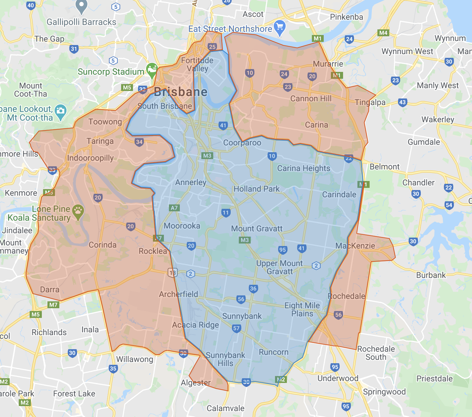 Map with blue highlighted area for regular service area (suburbs listed below)