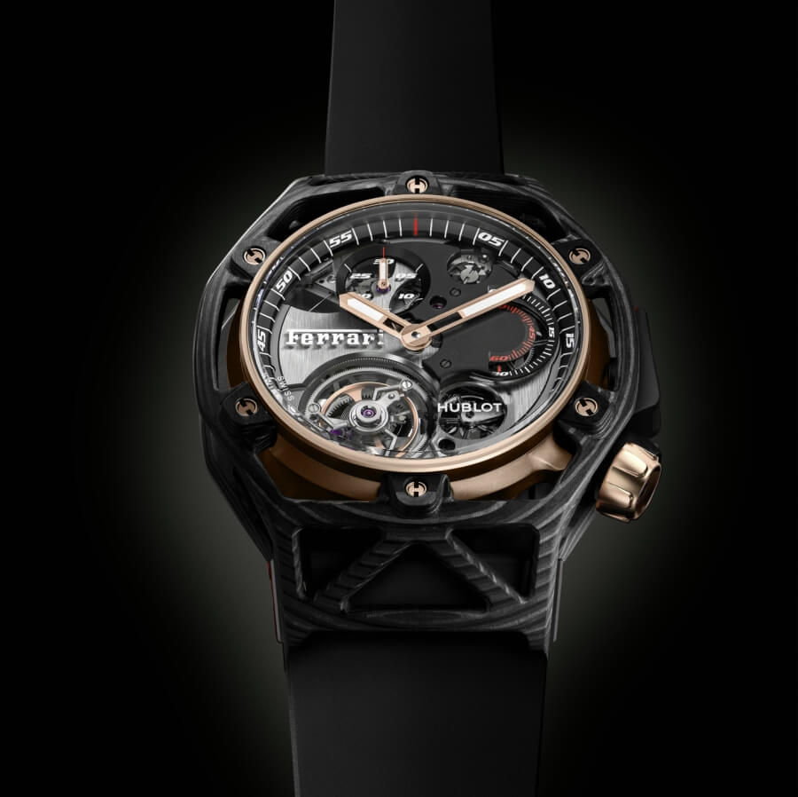 Hublot Techframe Ferrari 70 Years Tourbillon Chronograph in PEEK Carbon & King Gold