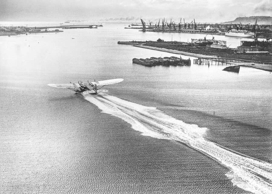 The huge seaplane, the Latécoère 521 Lieutenant de Vaisseau Paris taking off from the port of Le Havre, France, June 1935