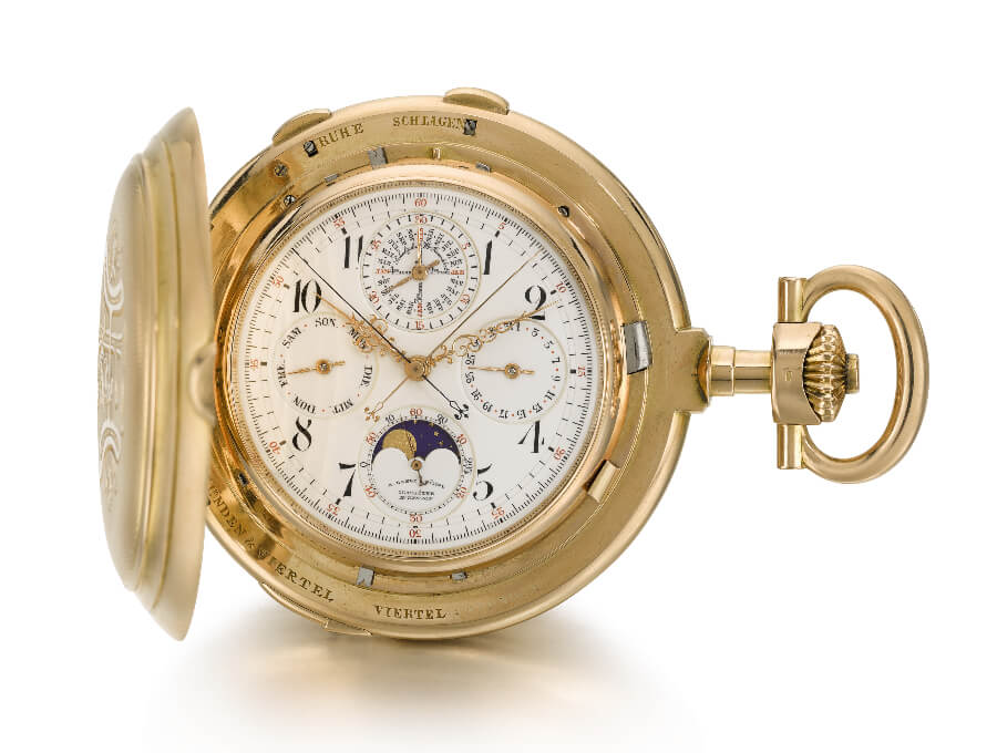A. Lange & Söhne pink gold hunting cased clock watch with perpetual calendar, minute repeater, moon phases and split seconds chronograph