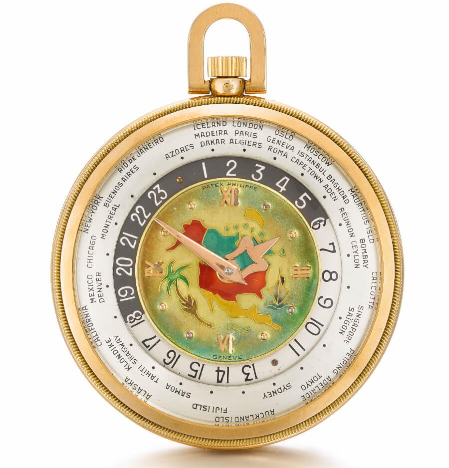The “Patek Philippe Heures Universelles”, An extremely rare pink gold open-faced keyless lever world time watch with cloisonné enamel map of North America, 1948, ref. 605 HU