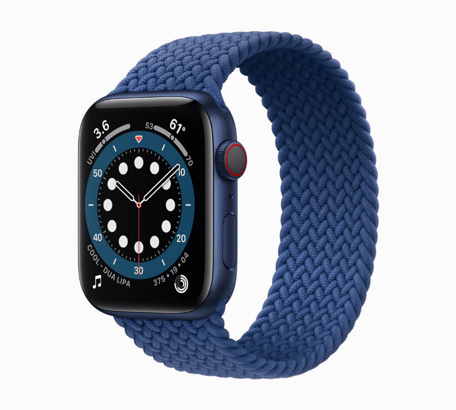 Apple Watch Series 6 with the distinct Braided Solo Loop and blue aluminum case