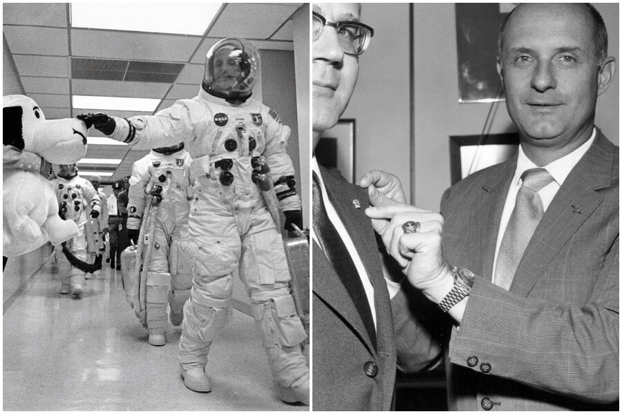 Commander Thomas Stafford pats Snoopy’s nose for good luck before the Apollo 10 mission