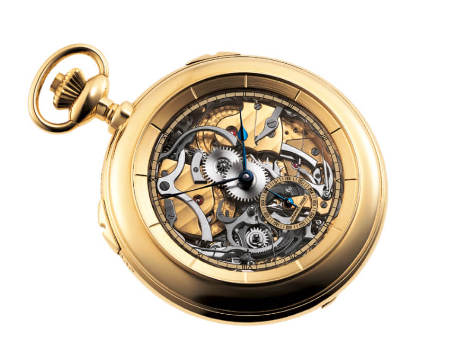 Yellow gold Grande Sonnerie pocket watch with sapphire dial and caseback crafted by Philippe Dufour for Audemars Piguet in 1987. Audemars Piguet Heritage Collection, Inv. 0389