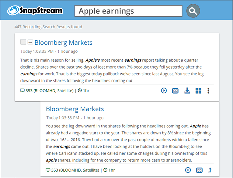 SnapStream TV Search: Apple earnings