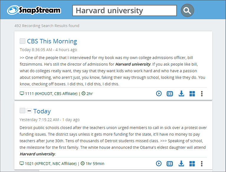 SnapStream TV Search: Harvard University