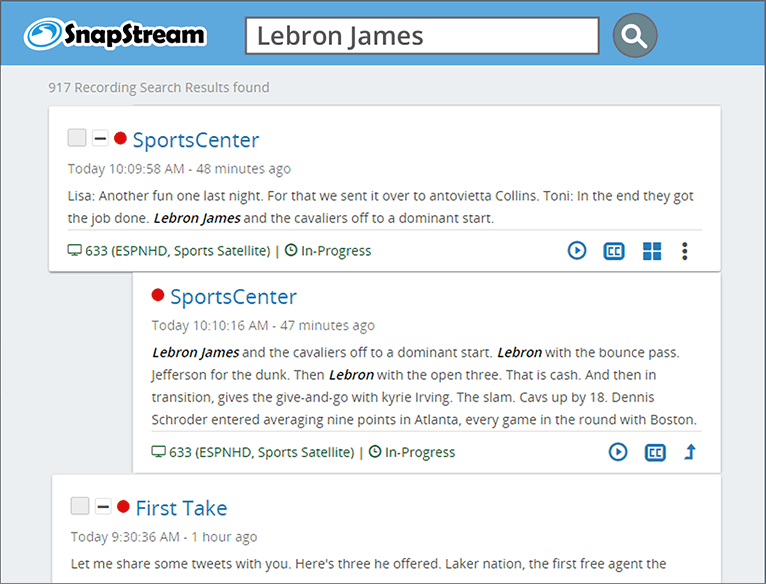 SnapStream TV Search: Lebron James
