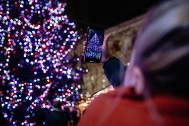 Hands with a phone taking a picture of the chirstmas tree