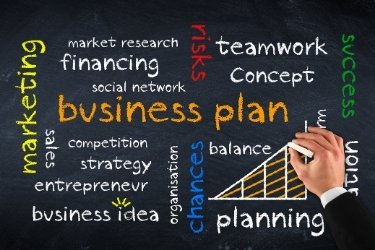 Creating a business plan concept - Chalkboard with words like marketing, social network, strategy, etc.