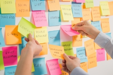 People brainstorming with sticky notes.