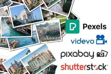 Tons of stock photos piled up - Pexels, videvo, pixabay and shutterstock logos