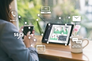 Digital marketing concept - Ads, Emails, Social network, SEO, Video, and calls.