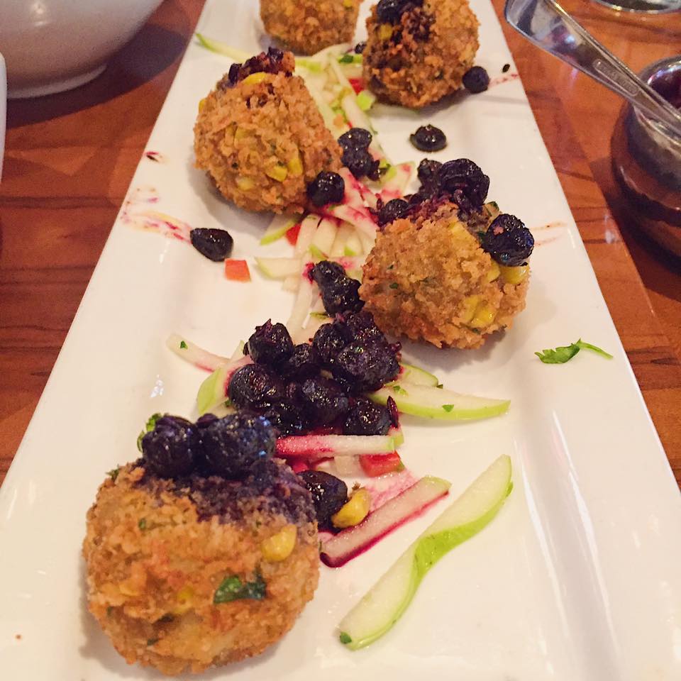 Makki Tikki with Blueberry Chutney - corn croquette, five spice blueberry chutney, apple slaw