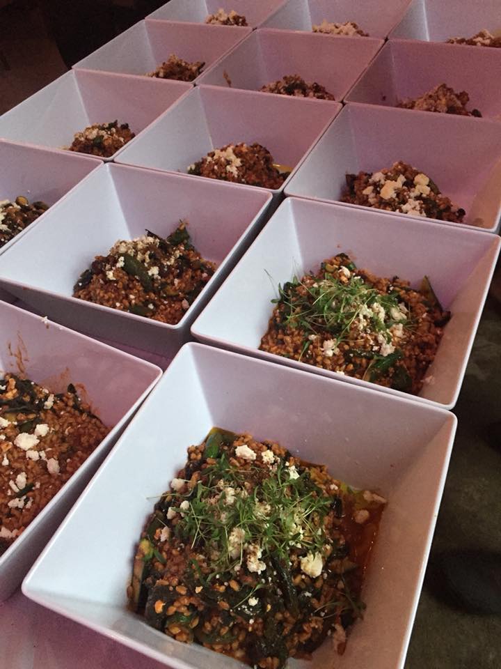 farro risotto with swiss chard, spiced tomato, feta, and olives