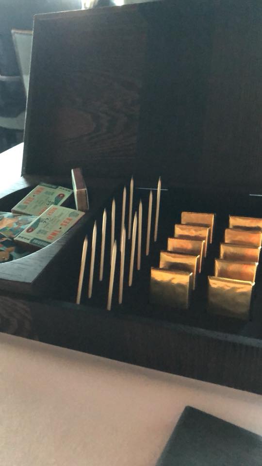 Canlis matches, chocolates and charred toothpicks