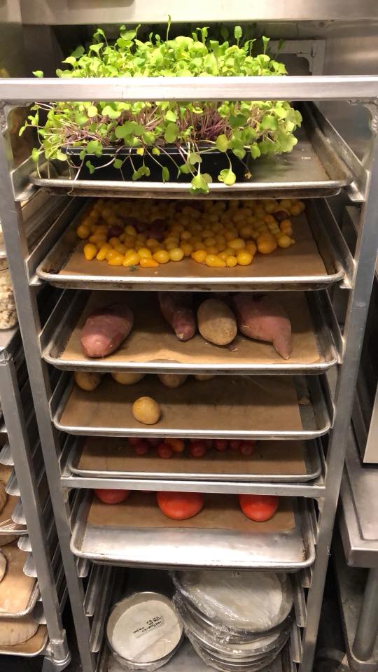 trays of herbs and veggies in the kitchen at Canlis