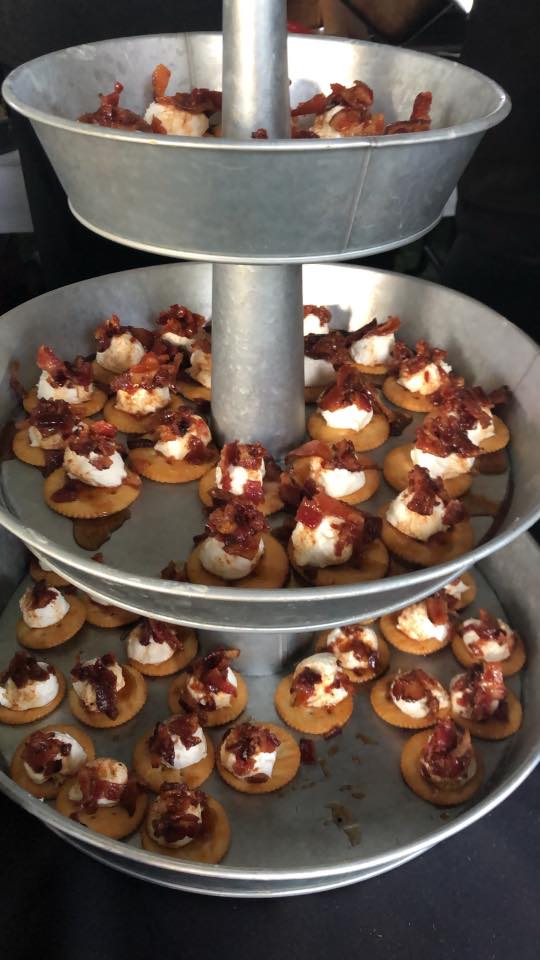 honey hot block bites with cream cheese, candied bacon with habanero honey on golden butter crackers
