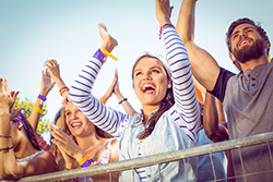 Cheering crowd in the stands at a sporting event