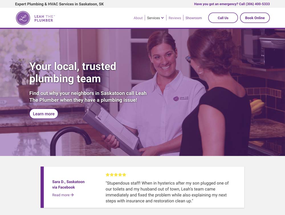 Social proof example from Leah the Plumber