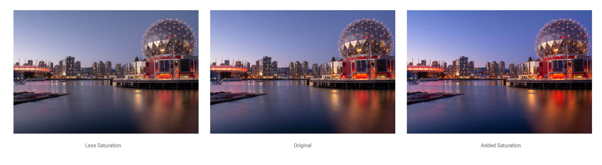 Different levels of saturation to a photograph of Science World, Vancouver BC