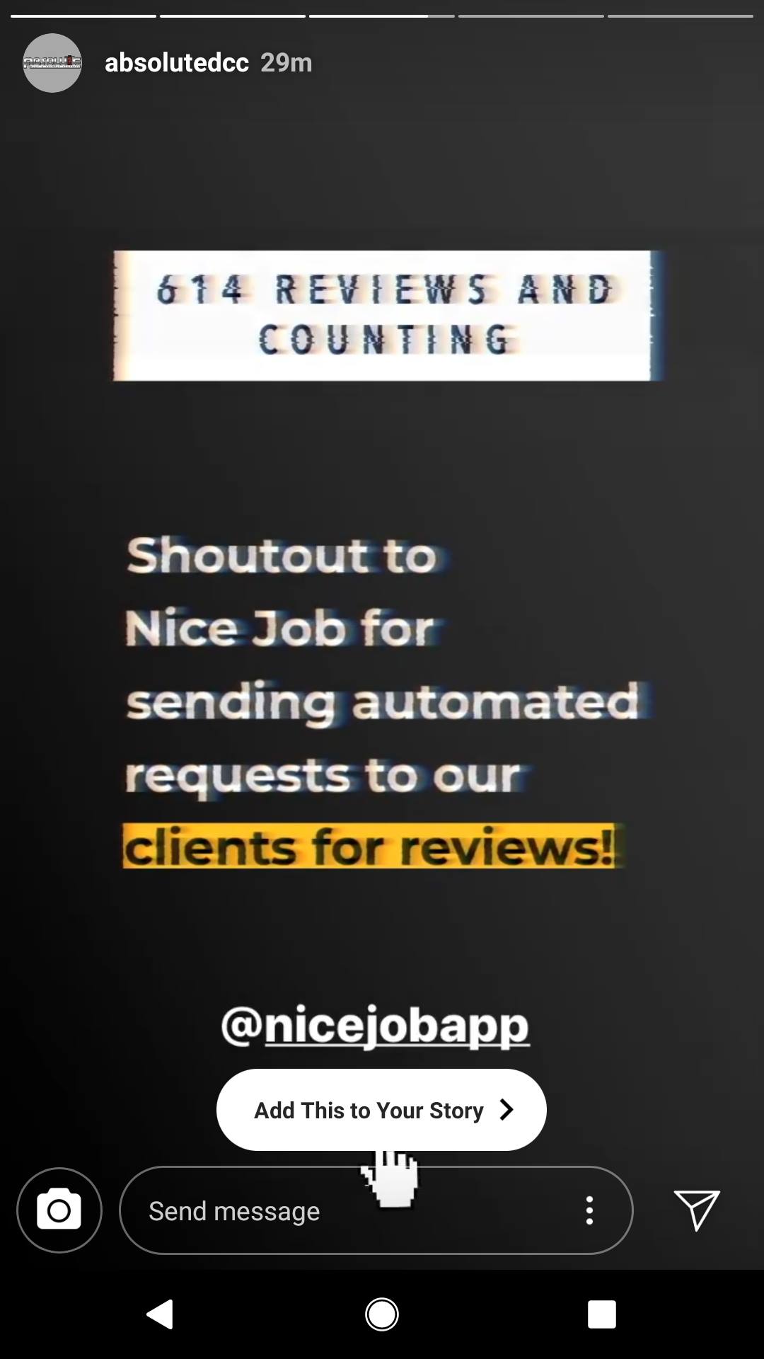 Instagram story from Absolute DCC about NiceJob software