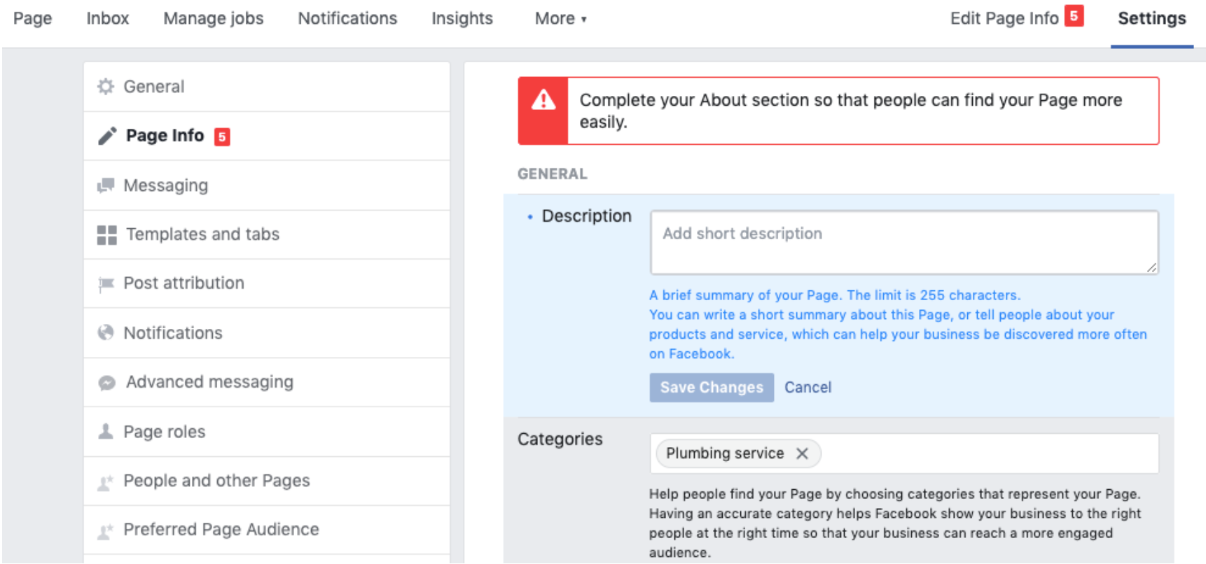 Screenshot of Page Info section on Facebook Business page