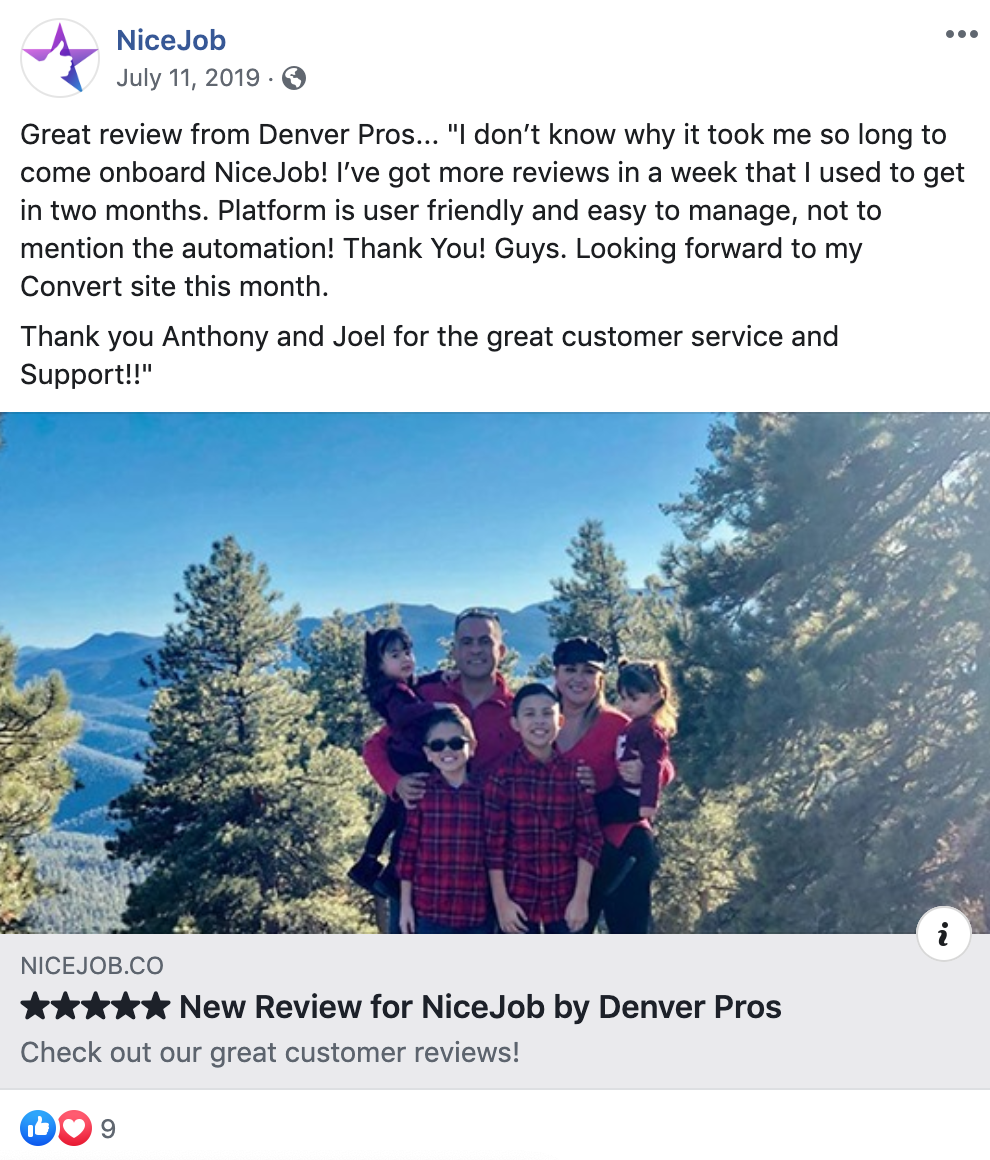 Example of a review posted to NiceJob's Facebook Business Page