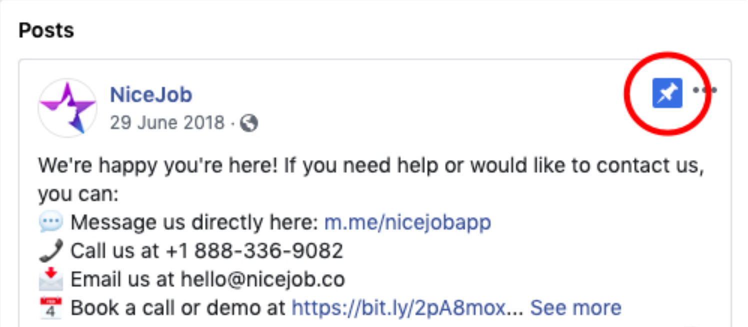 Example of pinned post on NiceJob Facebook Business page