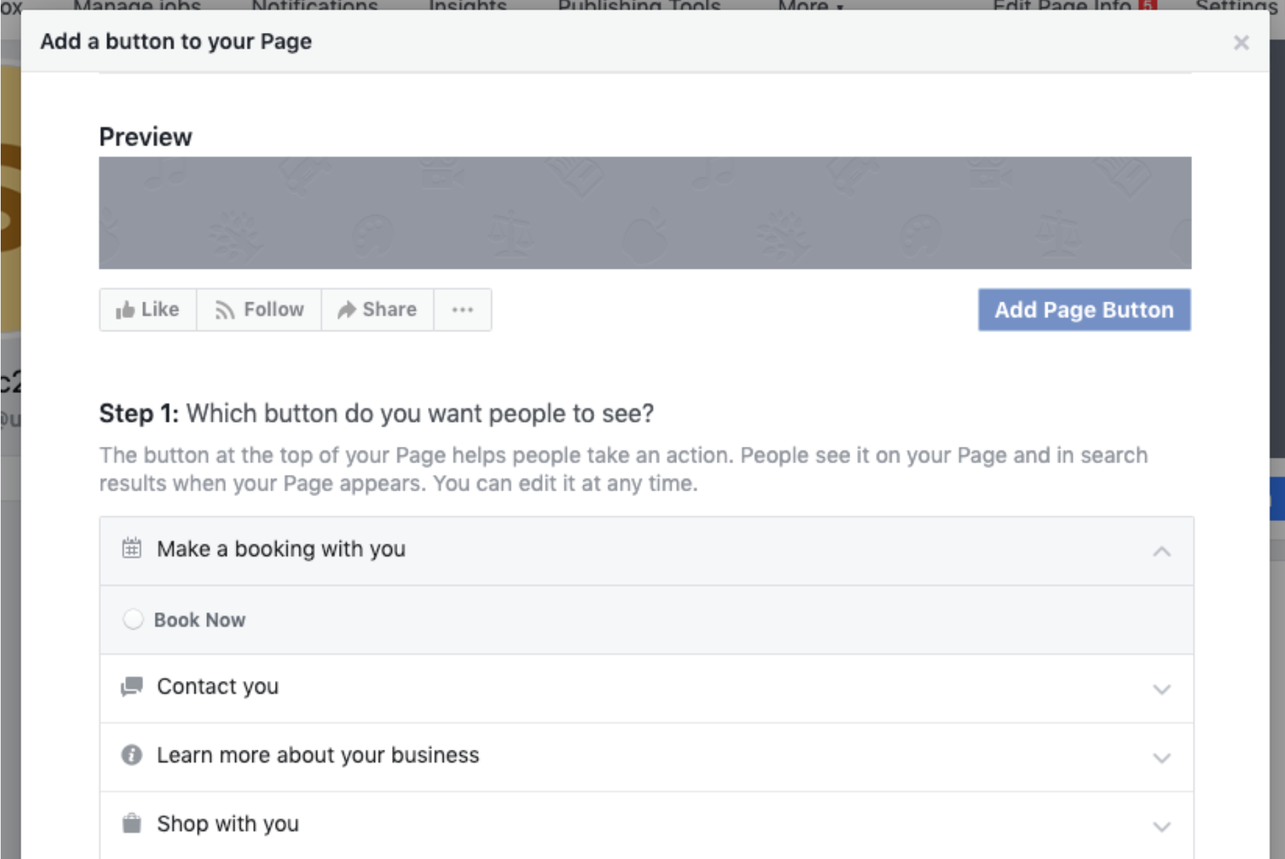 Example of adding a button to a business facebook page